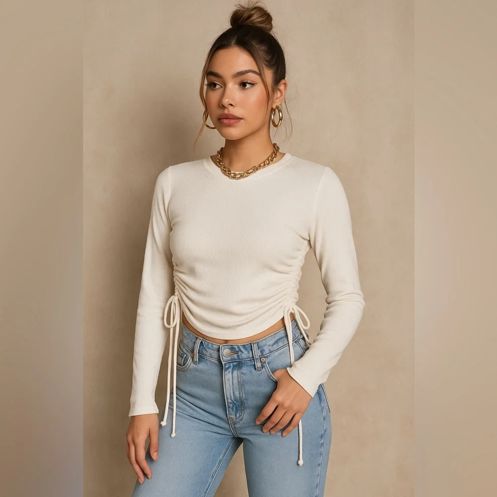Hailys White Ruched Long Sleeve Top